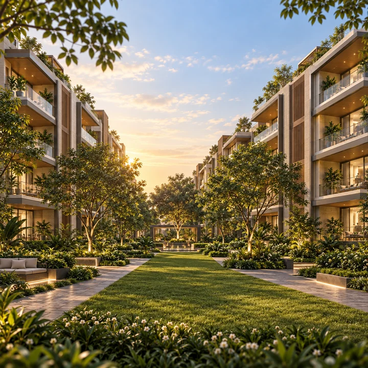 Shriram Bannerghatta landscaped central spine between the villament blocks, artist's impression